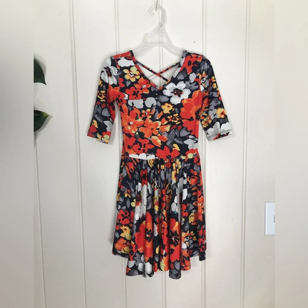 Girls Dot Dot Smile Multicolor Round Neck Graphic Flower Floral Dress 5 / 6 XS